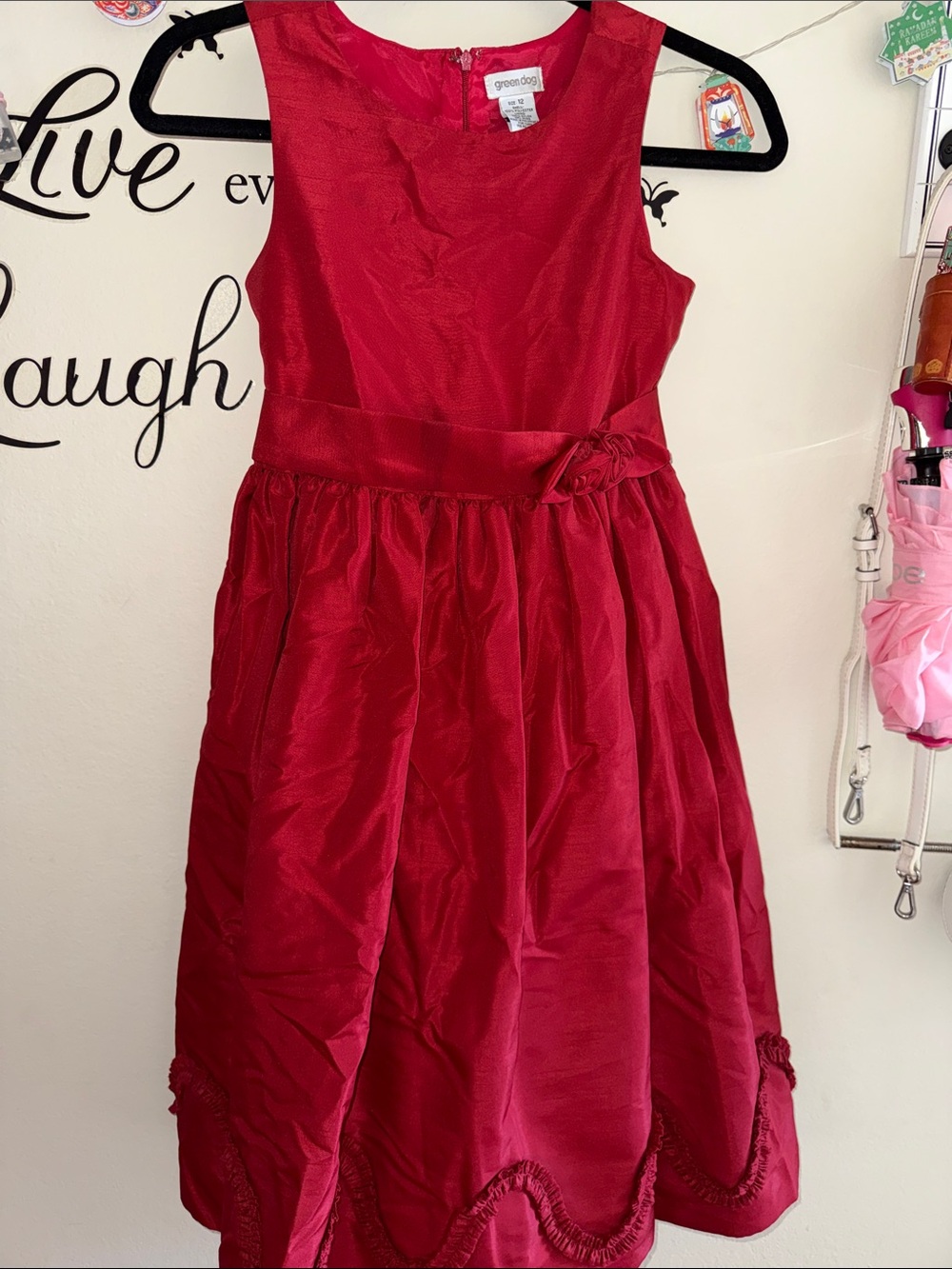 greendog Girls' Red Satin Flower-Belt Party Dress